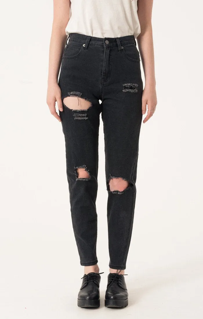Afends Womens Beat Luckies - Stone Black - High Waist Slim Jeans