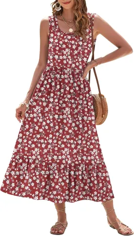 AUSELILY Womens Summer Dresses 2025 Sleeveless Maxi Dress Square Neck Casual Tiered Long Dress with Pockets