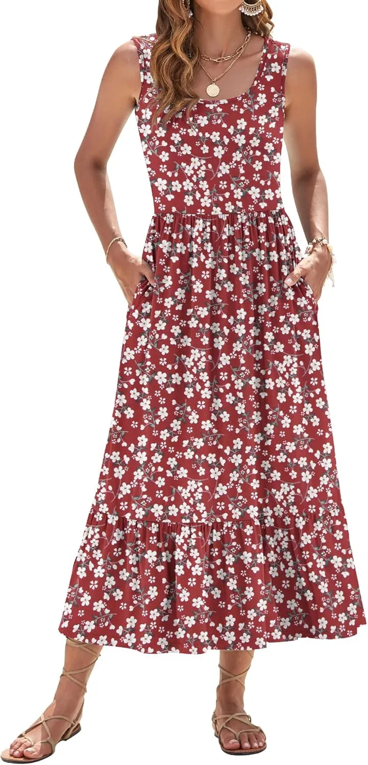 AUSELILY Womens Summer Dresses 2025 Sleeveless Maxi Dress Square Neck Casual Tiered Long Dress with Pockets