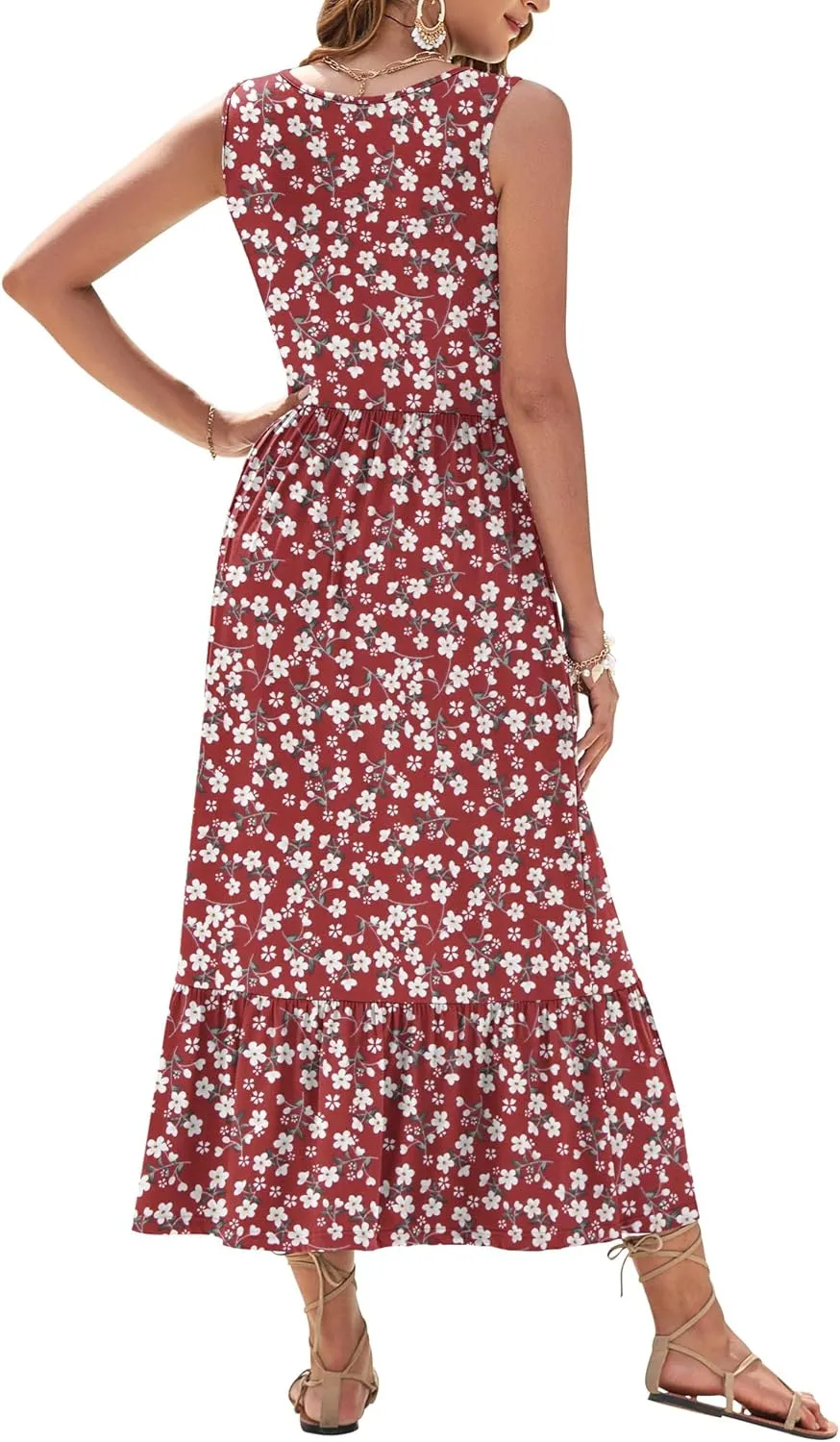 AUSELILY Womens Summer Dresses 2025 Sleeveless Maxi Dress Square Neck Casual Tiered Long Dress with Pockets