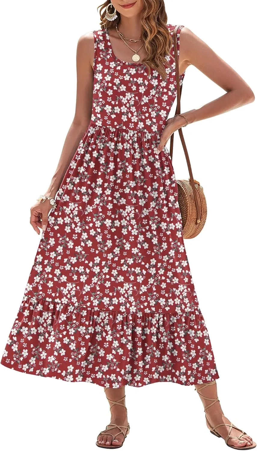 AUSELILY Womens Summer Dresses 2025 Sleeveless Maxi Dress Square Neck Casual Tiered Long Dress with Pockets