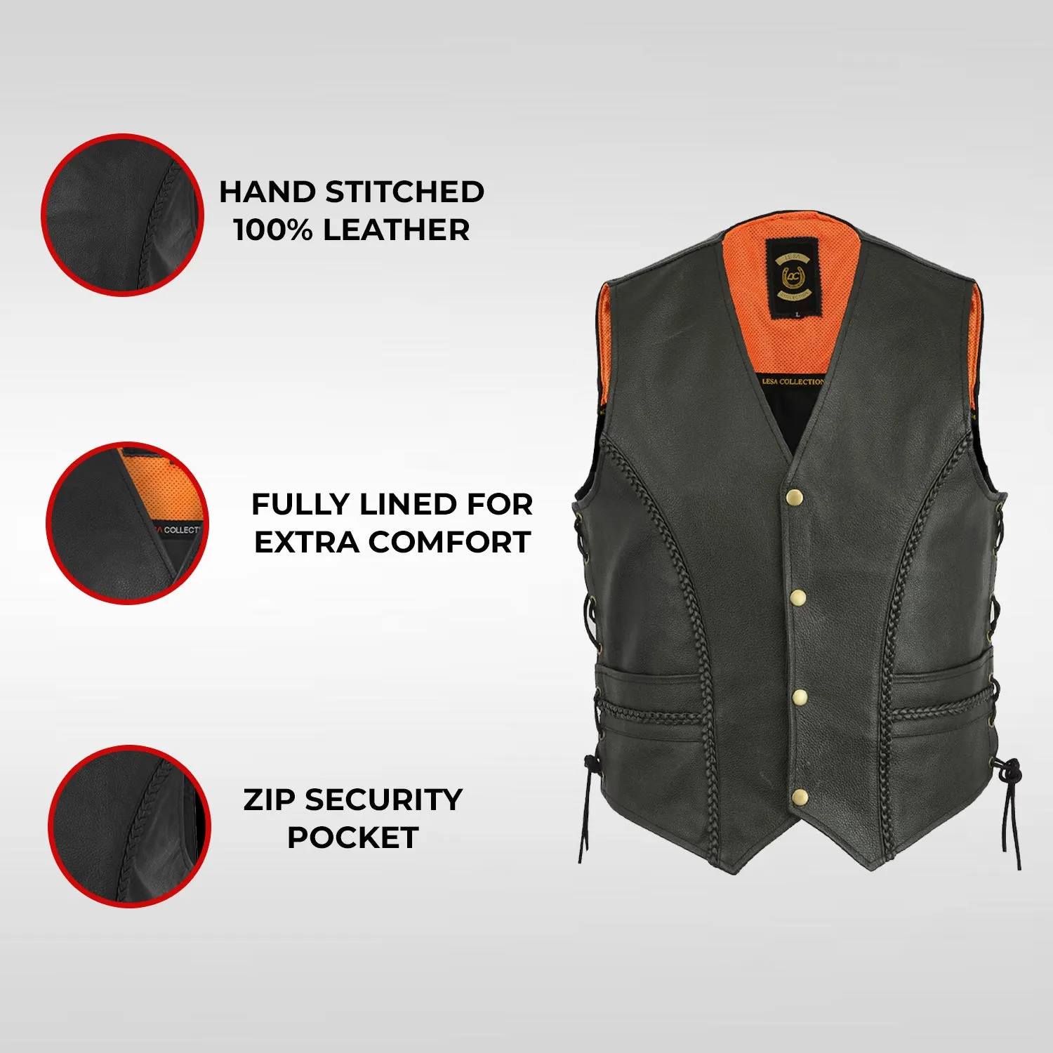 Braided Leather Motorcycle Biker Style Waistcoat Vest Black Side Laced