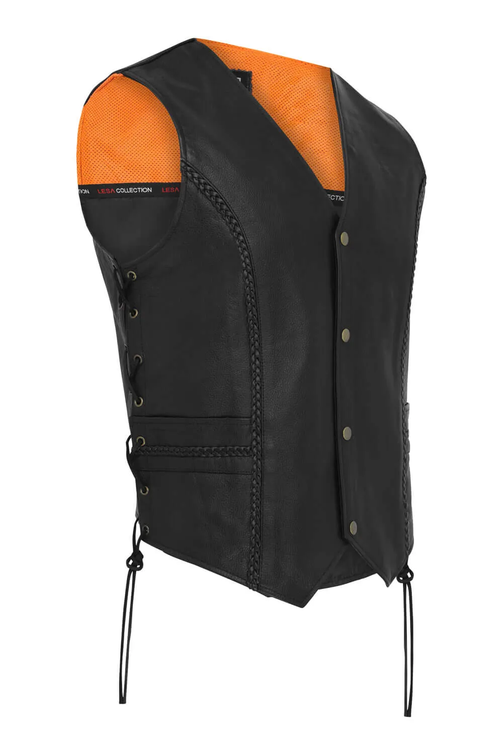 Braided Leather Motorcycle Biker Style Waistcoat Vest Black Side Laced