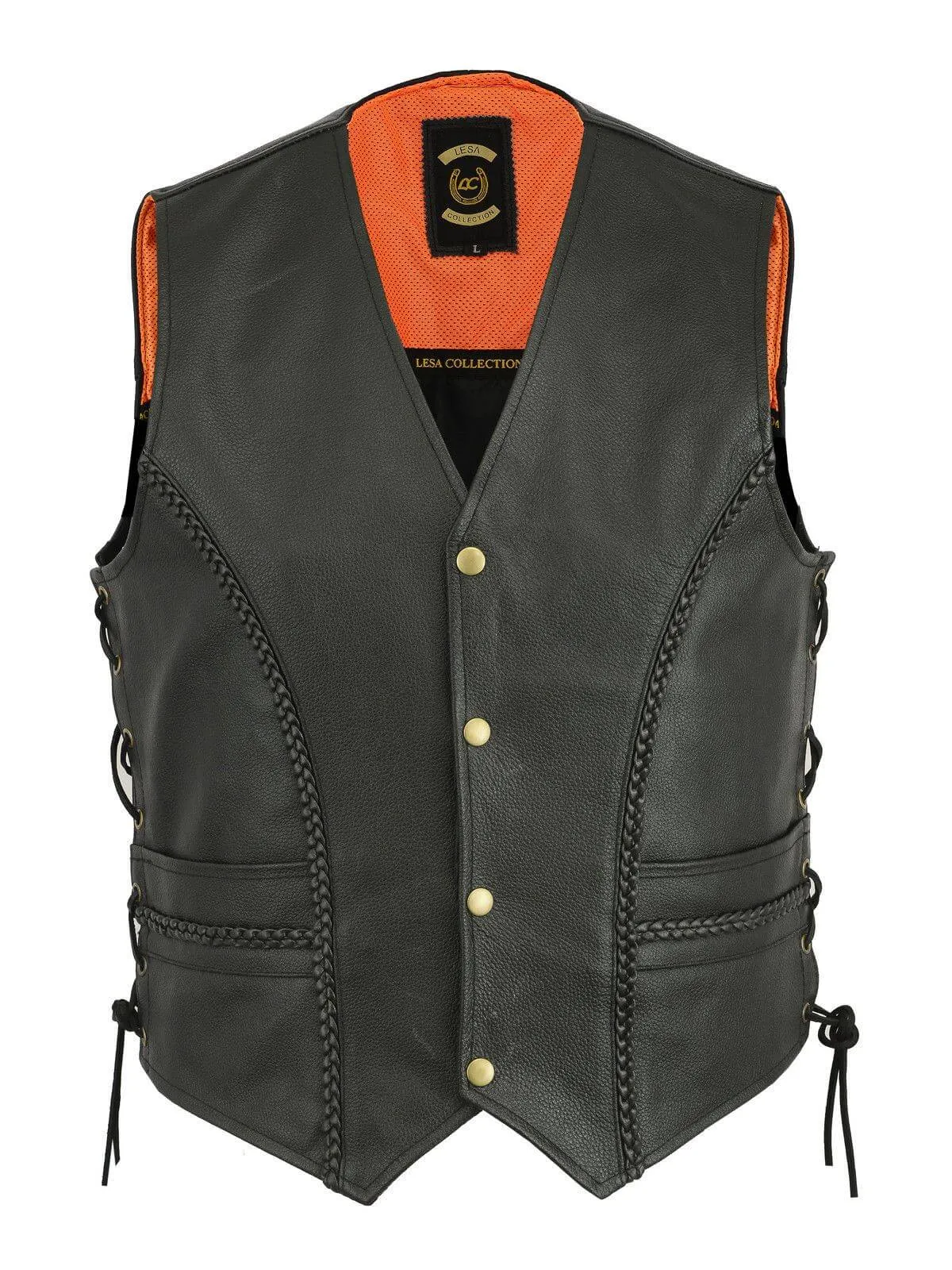 Braided Leather Motorcycle Biker Style Waistcoat Vest Black Side Laced