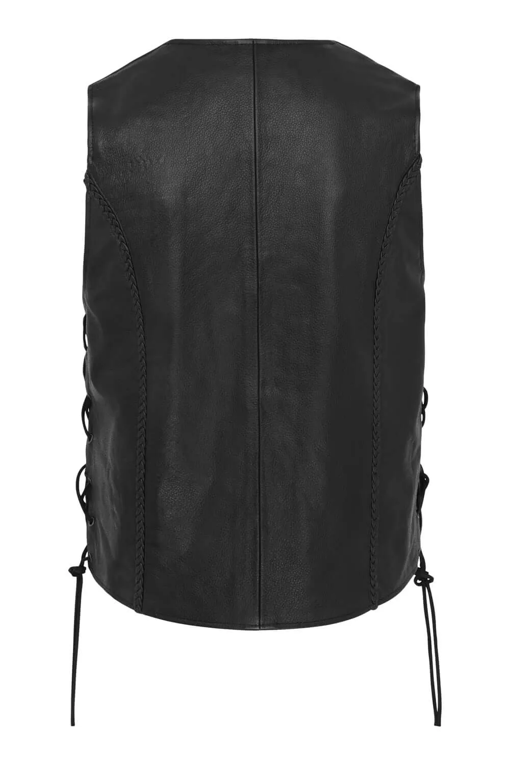 Braided Leather Motorcycle Biker Style Waistcoat Vest Black Side Laced