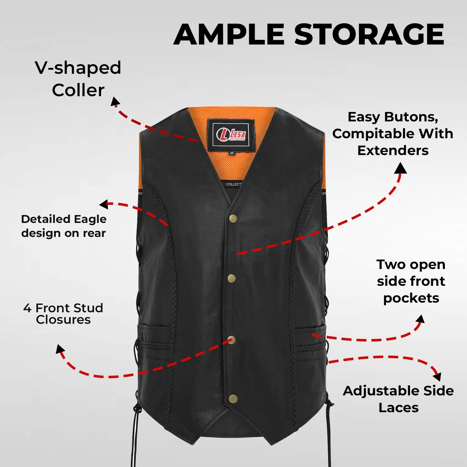 Braided Leather Motorcycle Biker Style Waistcoat Vest Black Side Laced