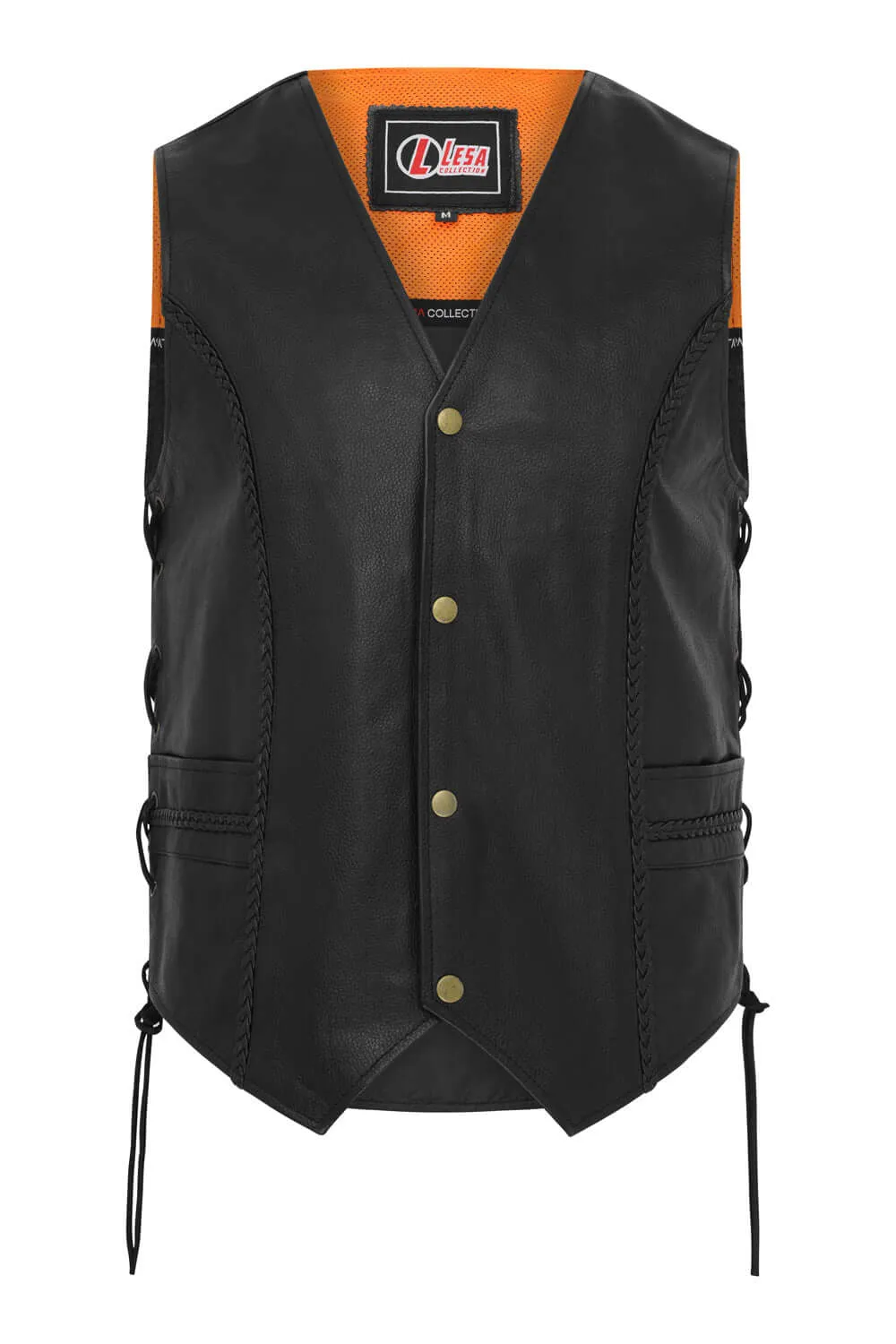 Braided Leather Motorcycle Biker Style Waistcoat Vest Black Side Laced