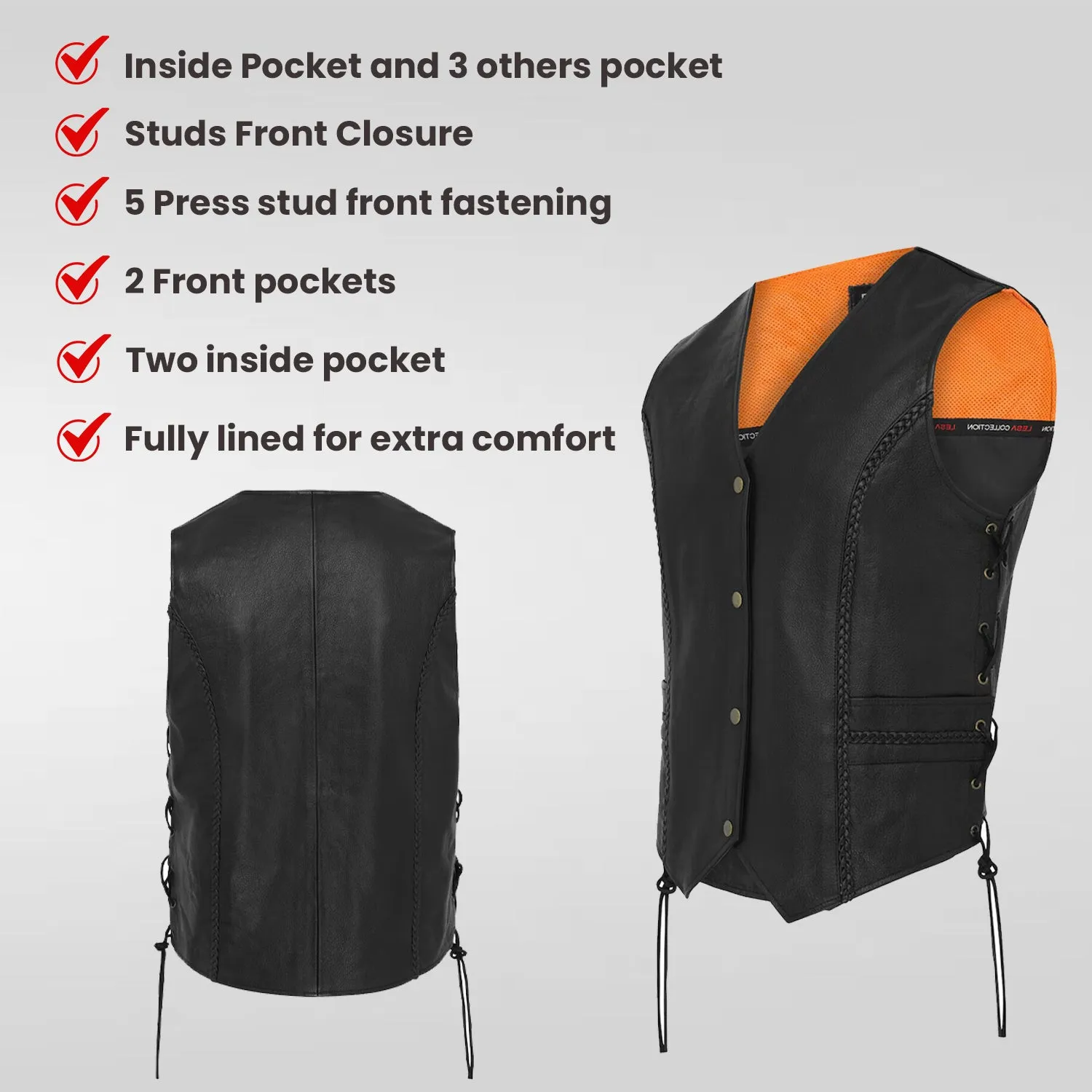 Braided Leather Motorcycle Biker Style Waistcoat Vest Black Side Laced