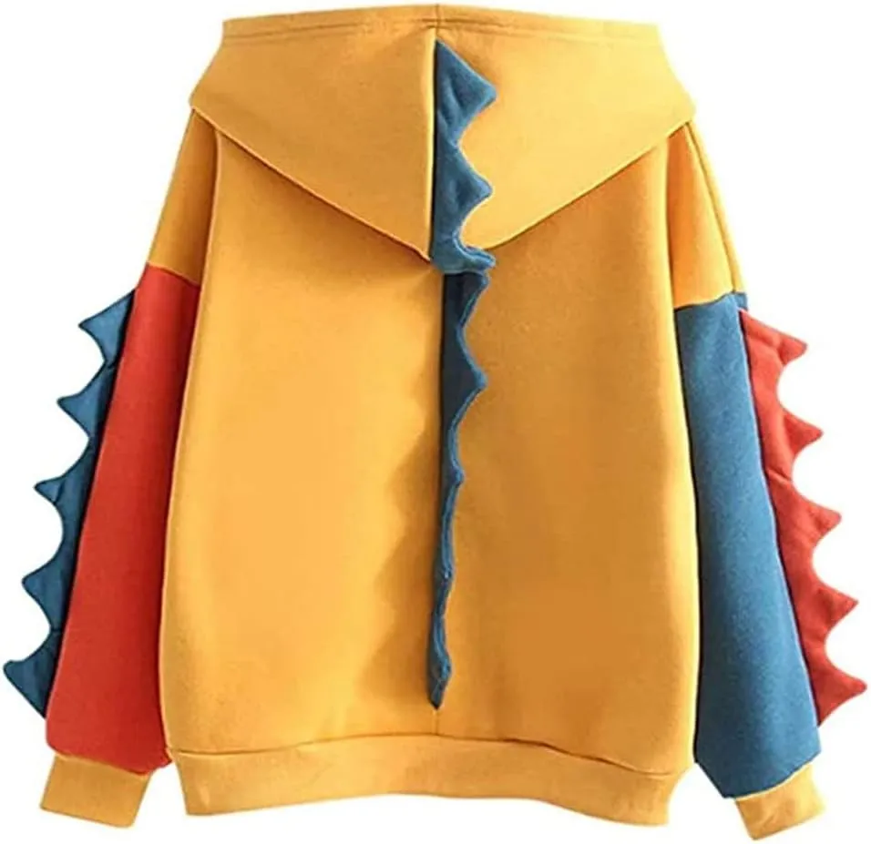Casual Loose Color Block Long Sleeve Dinosaur Hoodies Pullover Tops Hooded Sweatshirt