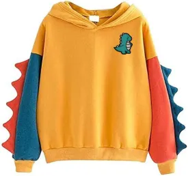 Casual Loose Color Block Long Sleeve Dinosaur Hoodies Pullover Tops Hooded Sweatshirt