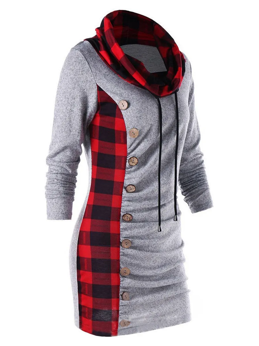 Casual Plaid High Neck Mid-Length Hoodie