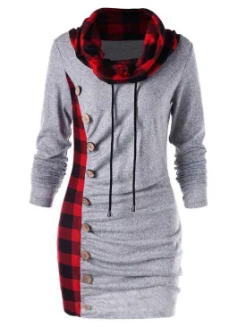 Casual Plaid High Neck Mid-Length Hoodie