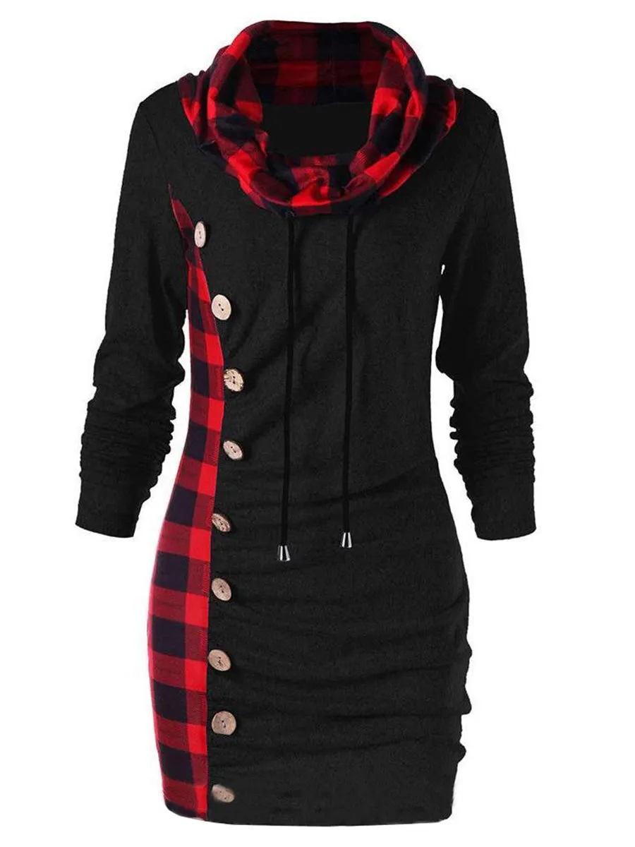 Casual Plaid High Neck Mid-Length Hoodie