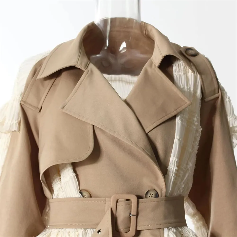 Colorblock Casual Long TrenchCoat For Women Lapel Long Sleeve Patchwork Button Long Jacket Coat