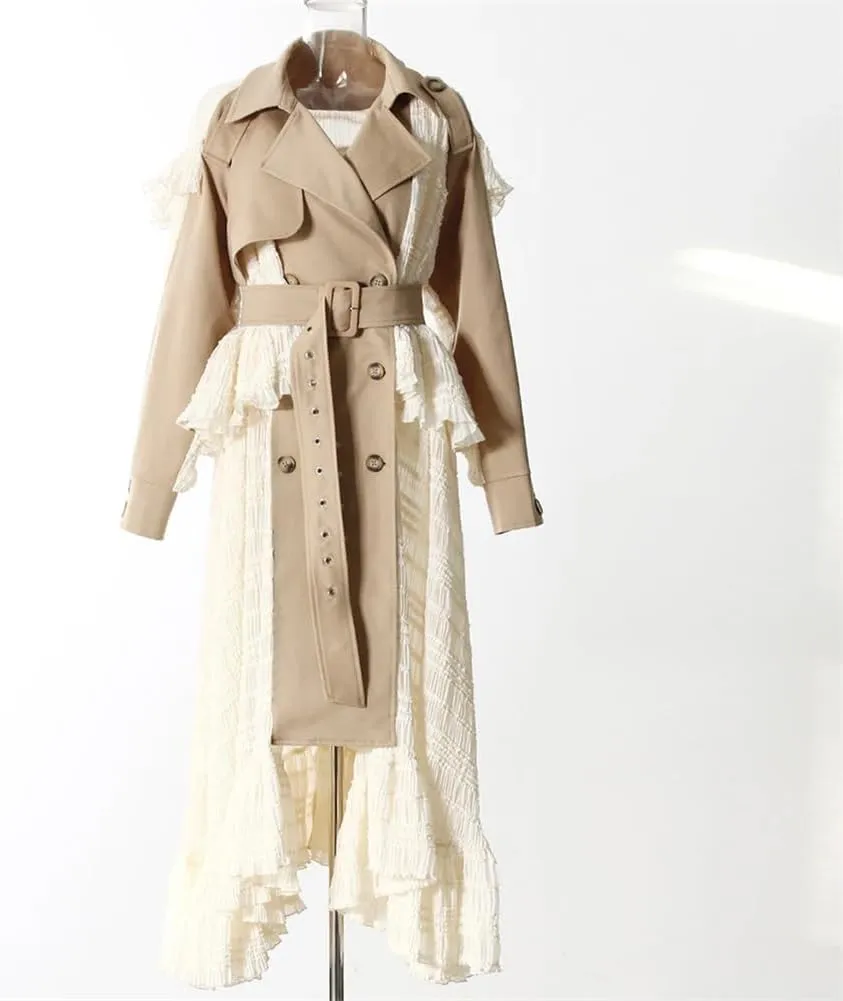 Colorblock Casual Long TrenchCoat For Women Lapel Long Sleeve Patchwork Button Long Jacket Coat