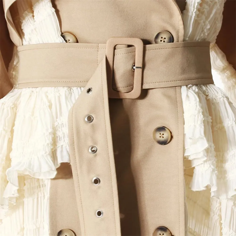 Colorblock Casual Long TrenchCoat For Women Lapel Long Sleeve Patchwork Button Long Jacket Coat