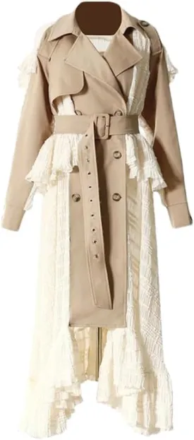 Colorblock Casual Long TrenchCoat For Women Lapel Long Sleeve Patchwork Button Long Jacket Coat