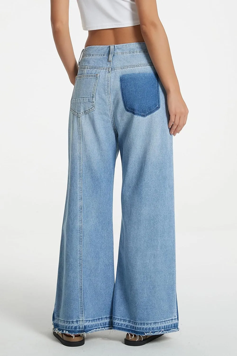 D-Sun Women's Wide Leg Flared Jeans Mid Rise Loose Trendy Jeans Baggy Casual Denim Pants with Pockets