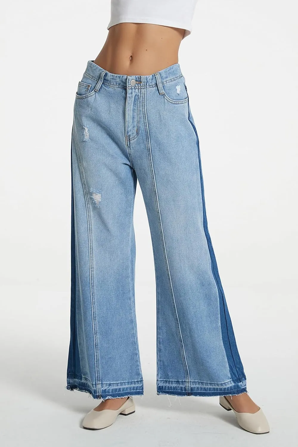D-Sun Women's Wide Leg Flared Jeans Mid Rise Loose Trendy Jeans Baggy Casual Denim Pants with Pockets