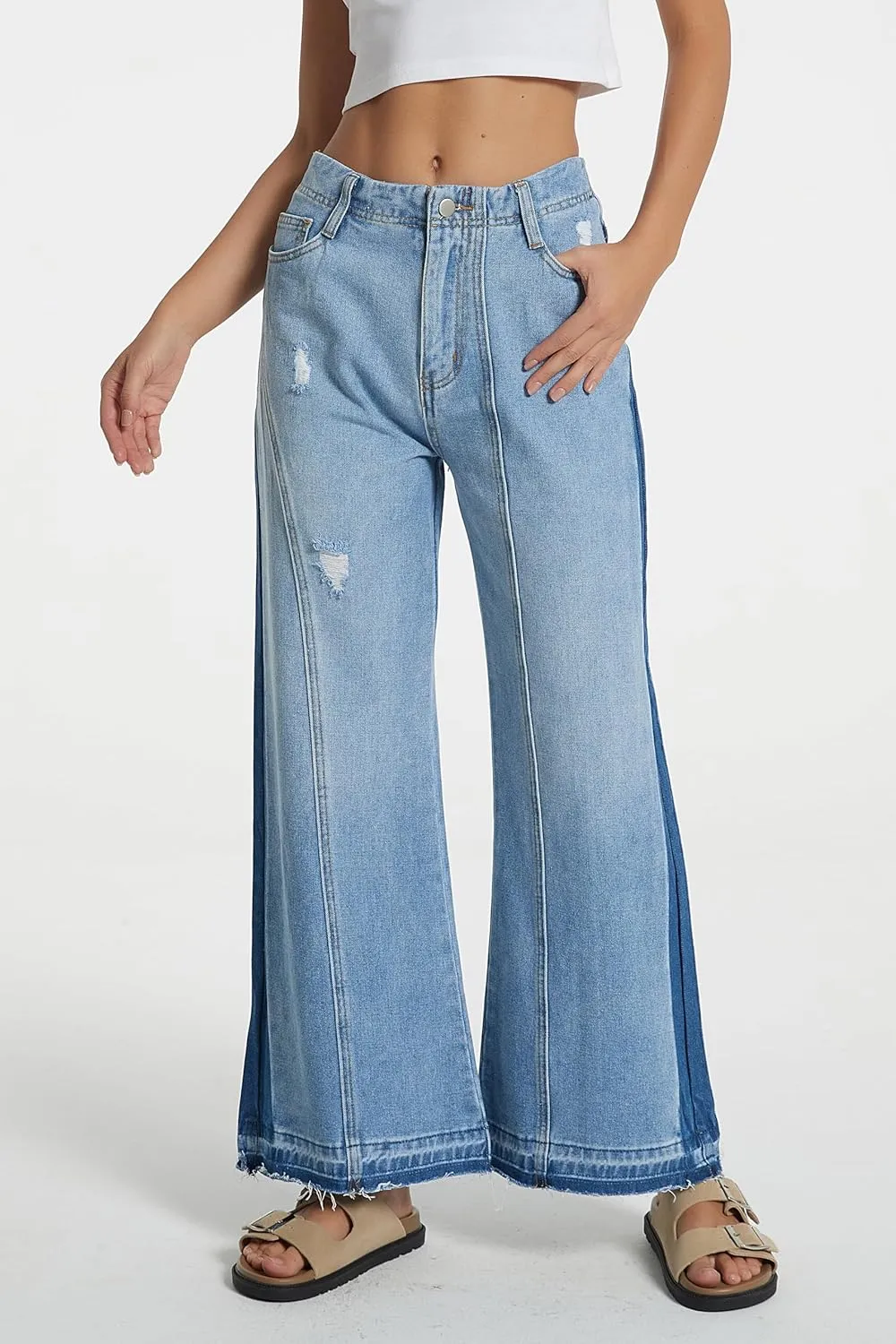 D-Sun Women's Wide Leg Flared Jeans Mid Rise Loose Trendy Jeans Baggy Casual Denim Pants with Pockets