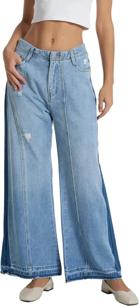 D-Sun Women's Wide Leg Flared Jeans Mid Rise Loose Trendy Jeans Baggy Casual Denim Pants with Pockets