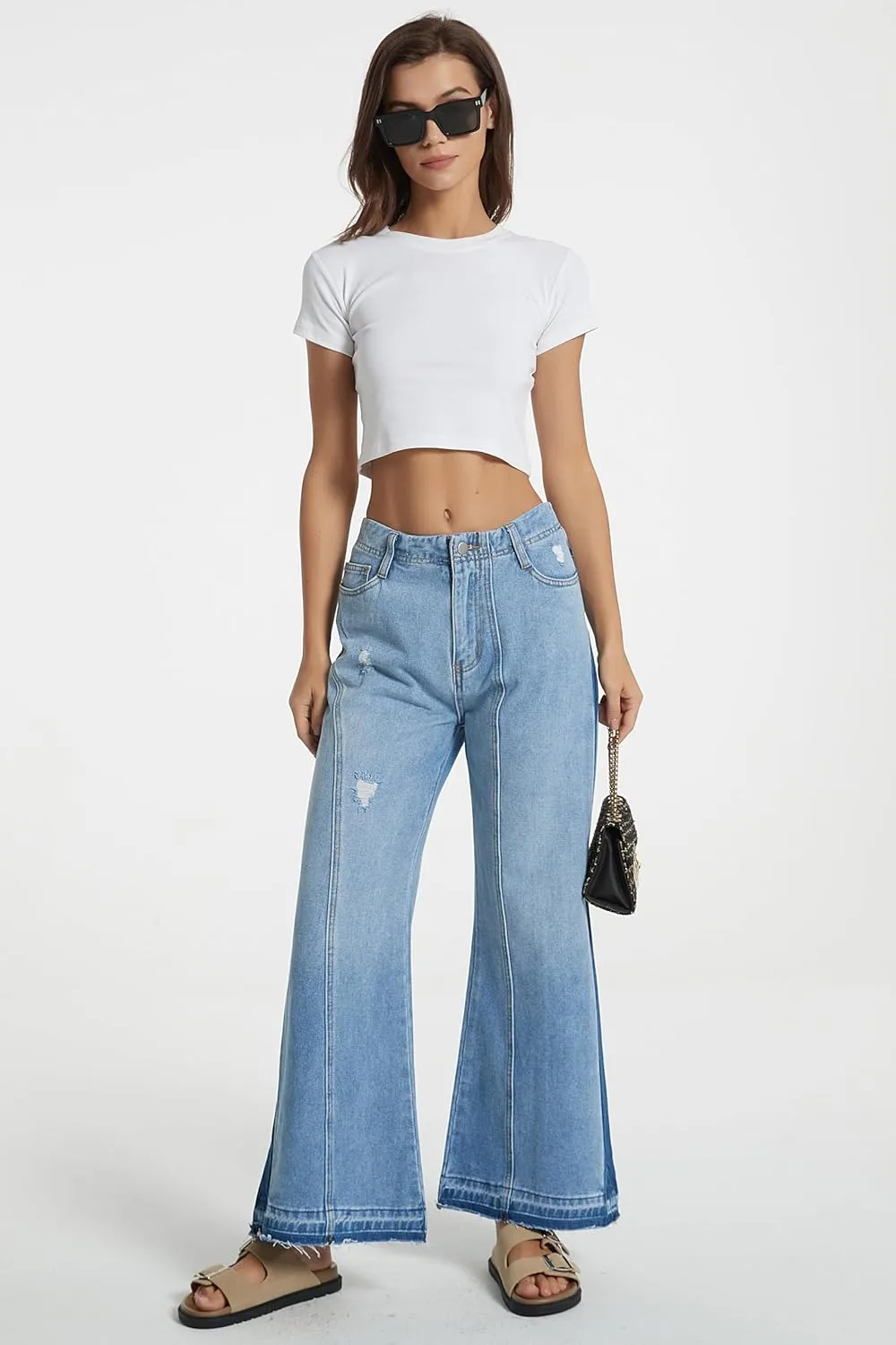 D-Sun Women's Wide Leg Flared Jeans Mid Rise Loose Trendy Jeans Baggy Casual Denim Pants with Pockets