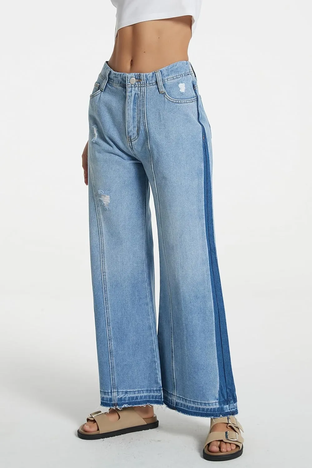 D-Sun Women's Wide Leg Flared Jeans Mid Rise Loose Trendy Jeans Baggy Casual Denim Pants with Pockets