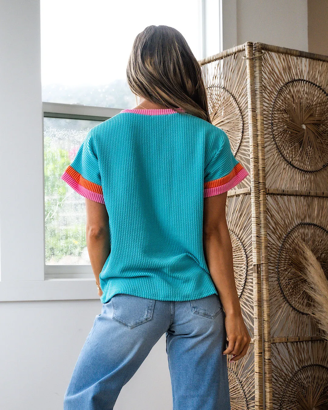Ella Corded Color Block Top - Turquoise & Pink FINAL SALE