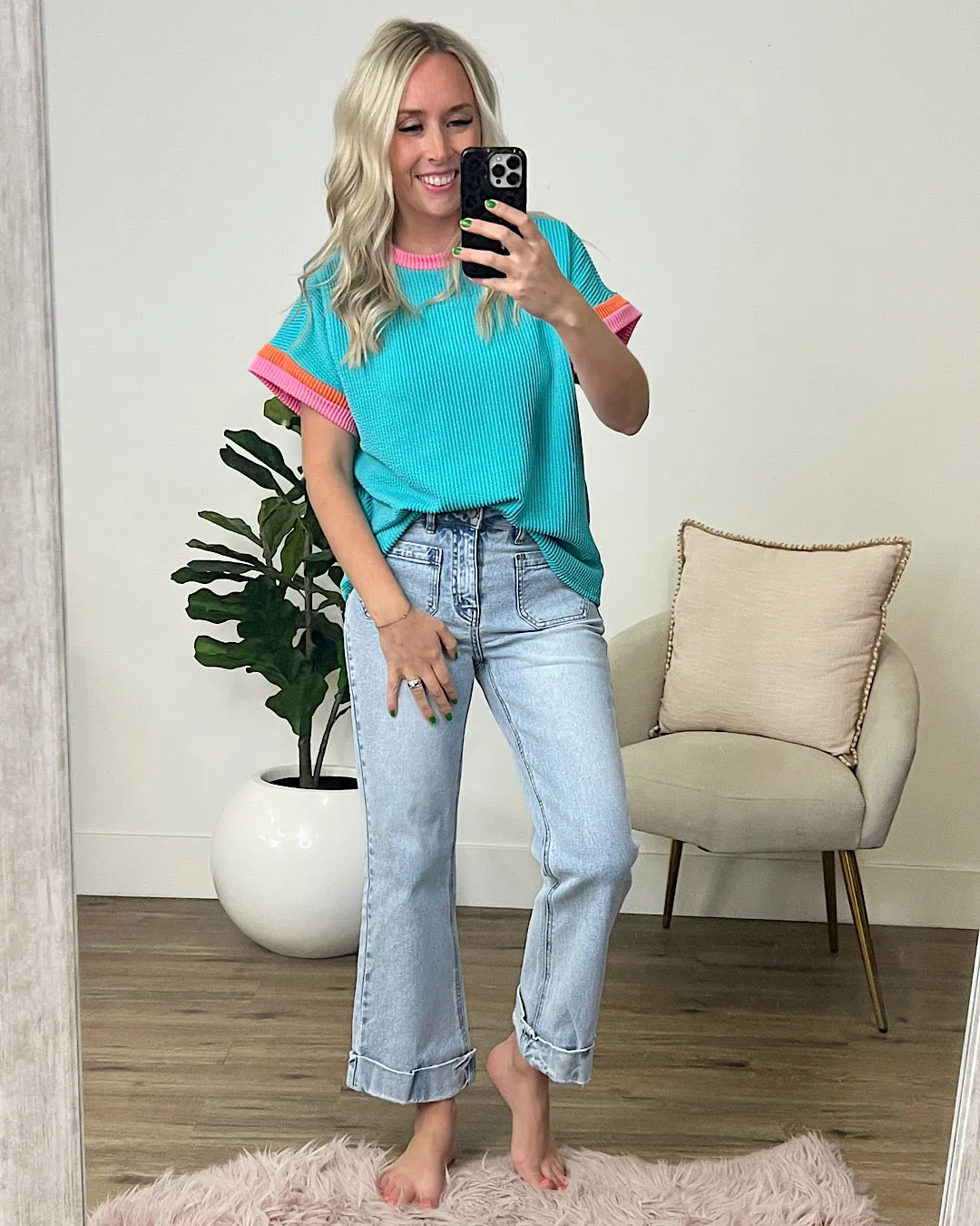 Ella Corded Color Block Top - Turquoise & Pink FINAL SALE