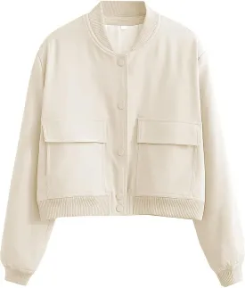Faleave Women's Cropped Bomber Jacket Casual Street Button Down Varsity Jacket with Two Big Pockets
