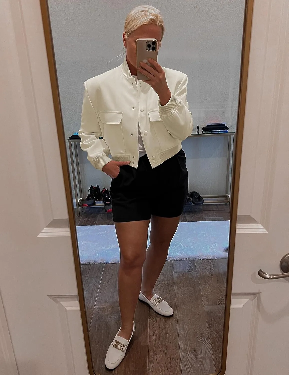 Faleave Women's Cropped Bomber Jacket Casual Street Button Down Varsity Jacket with Two Big Pockets