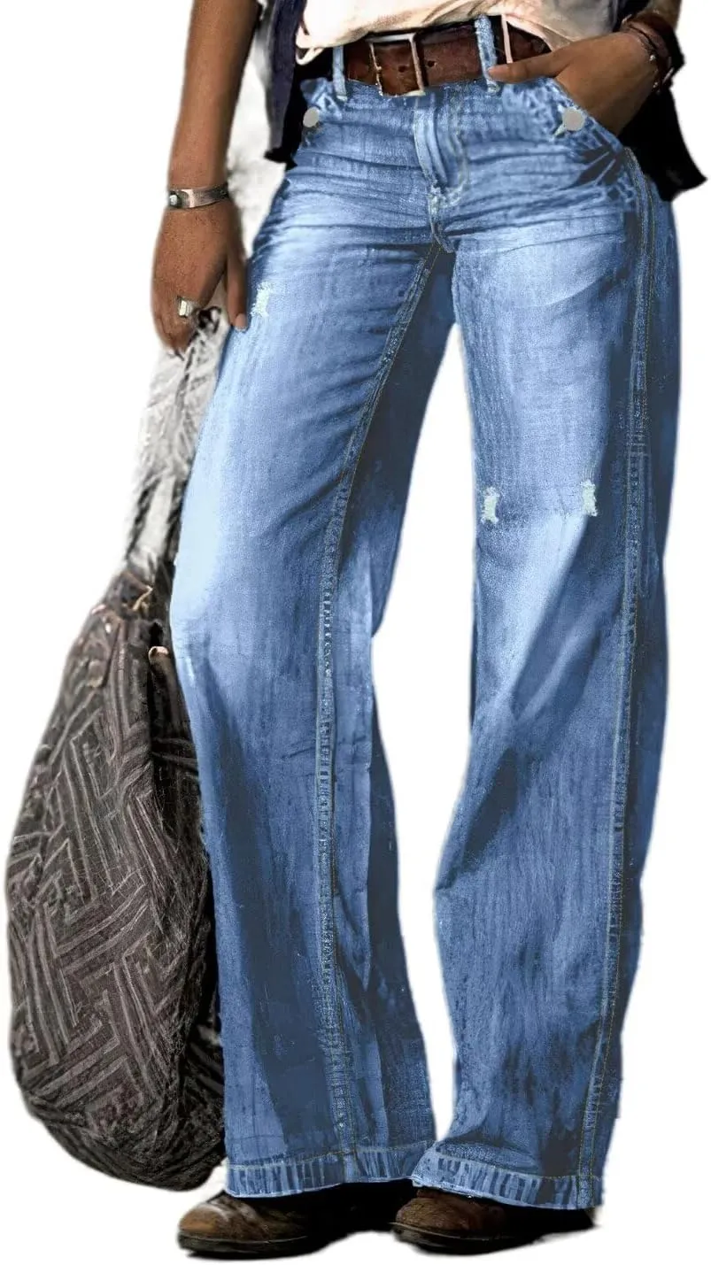 Flamingals Straight Leg Jeans for Women Ripped Raw Hem Mid Waisted Bootcut Jeans Without Belts