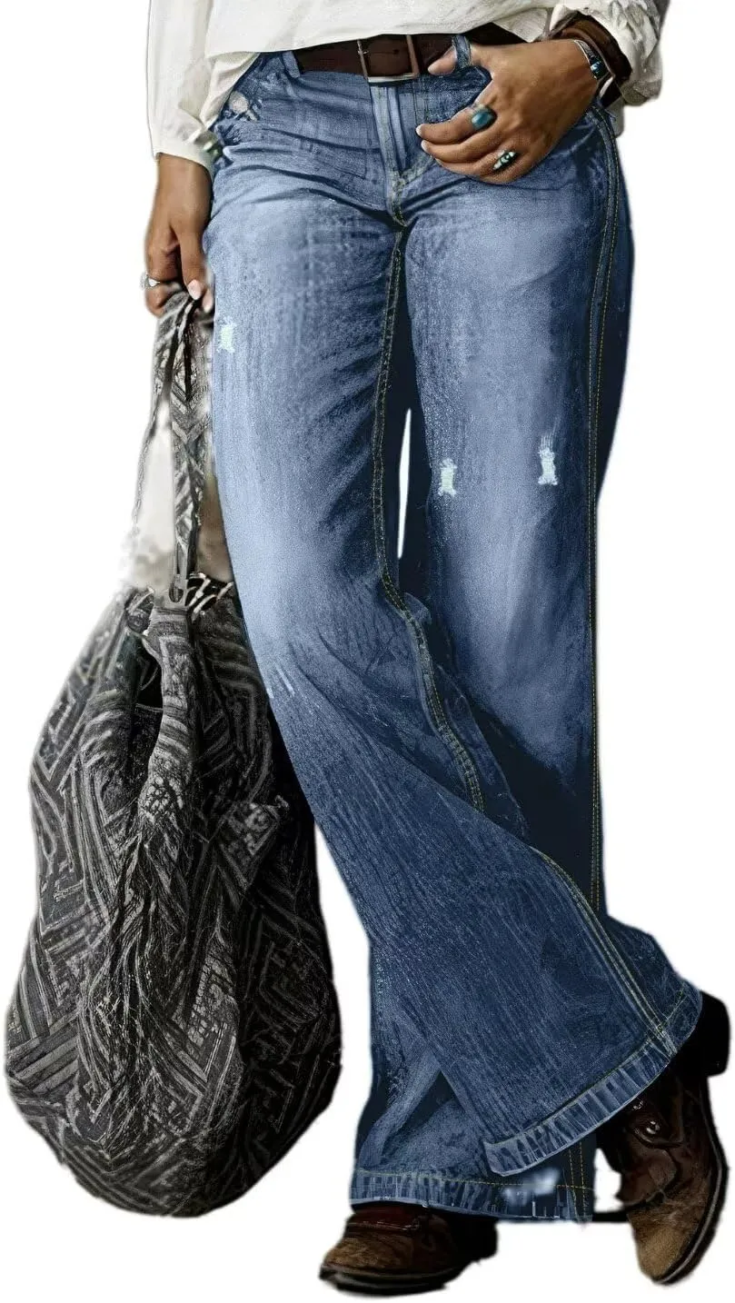 Flamingals Straight Leg Jeans for Women Ripped Raw Hem Mid Waisted Bootcut Jeans Without Belts