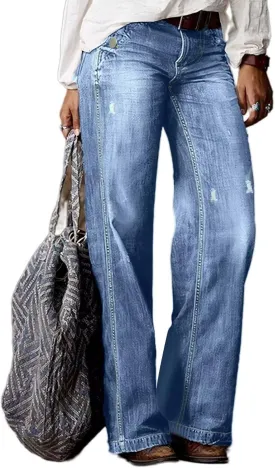 Flamingals Straight Leg Jeans for Women Ripped Raw Hem Mid Waisted Bootcut Jeans Without Belts