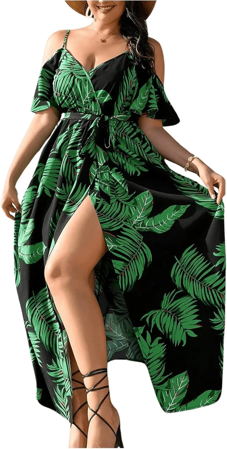 Floerns Women's Plus Size Cold Shoulder Short Sleeve Split Thigh Long Dress