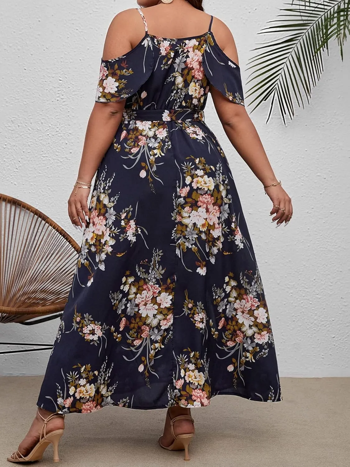 Floerns Women's Plus Size Cold Shoulder Short Sleeve Split Thigh Long Dress