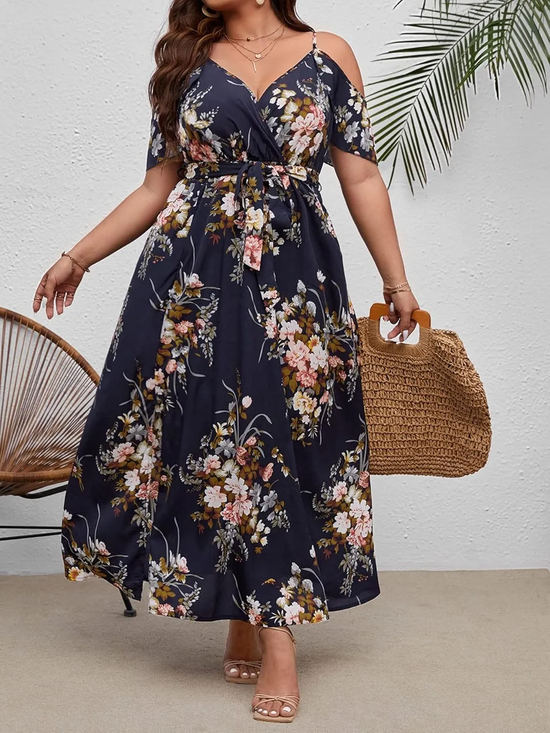 Floerns Women's Plus Size Cold Shoulder Short Sleeve Split Thigh Long Dress