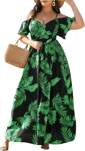 Floerns Women's Plus Size Cold Shoulder Short Sleeve Split Thigh Long Dress