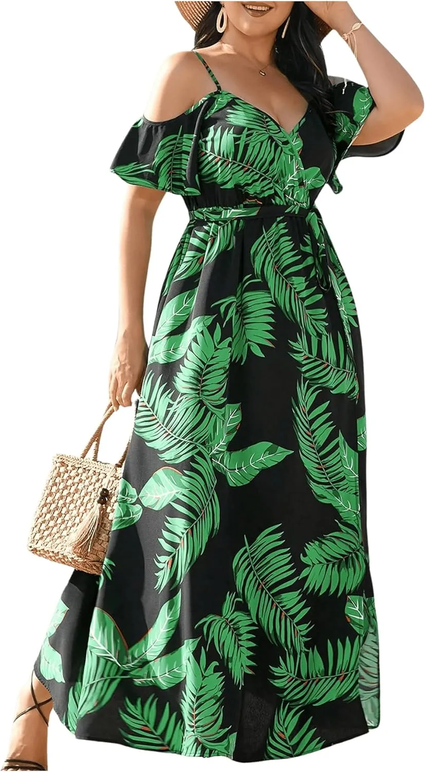 Floerns Women's Plus Size Cold Shoulder Short Sleeve Split Thigh Long Dress
