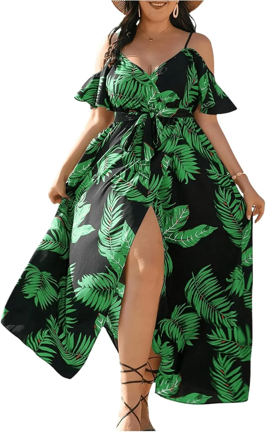 Floerns Women's Plus Size Cold Shoulder Short Sleeve Split Thigh Long Dress