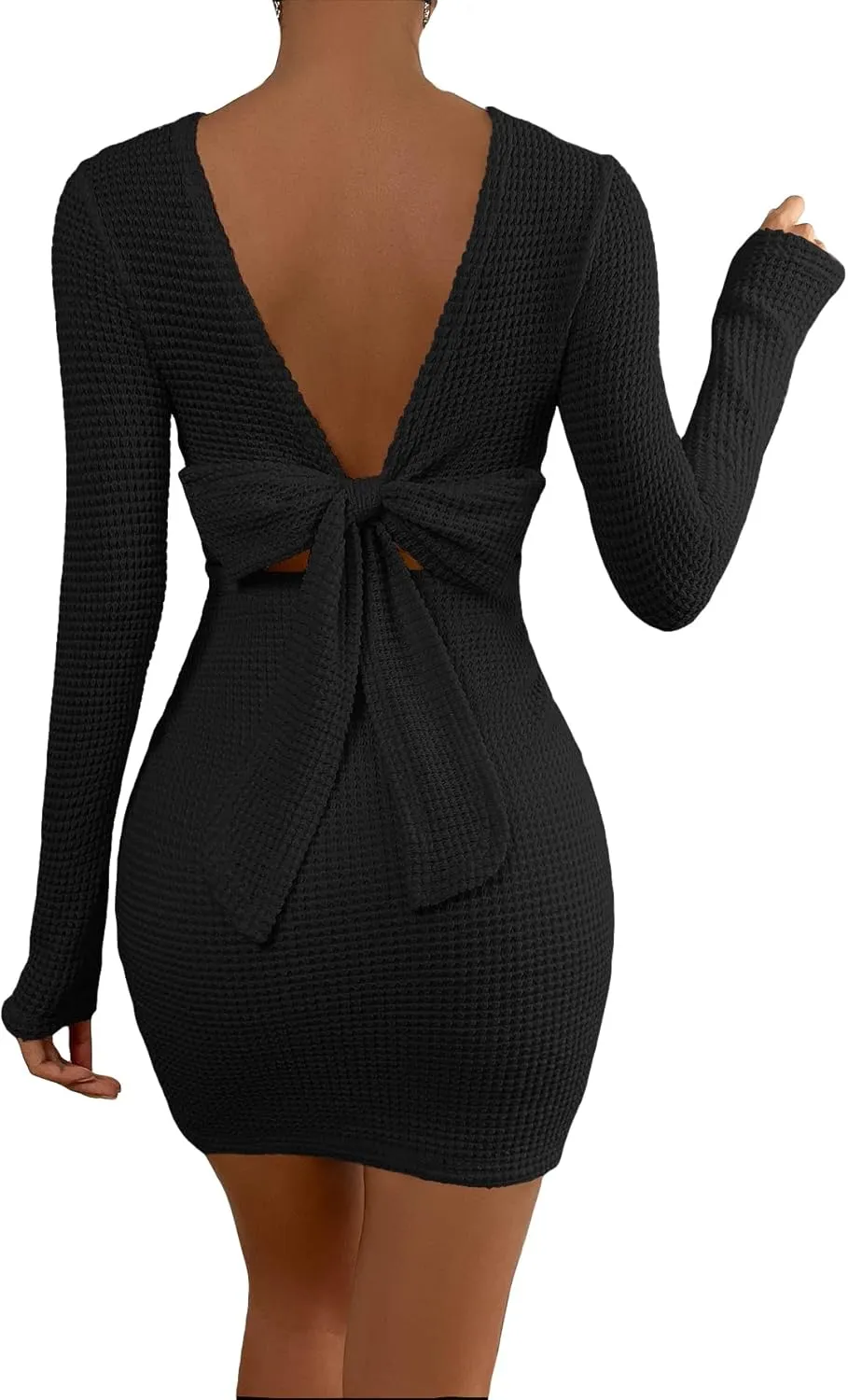 Floerns Women's Solid Long Sleeve Backless Tie Back Bodycon Mini Dress