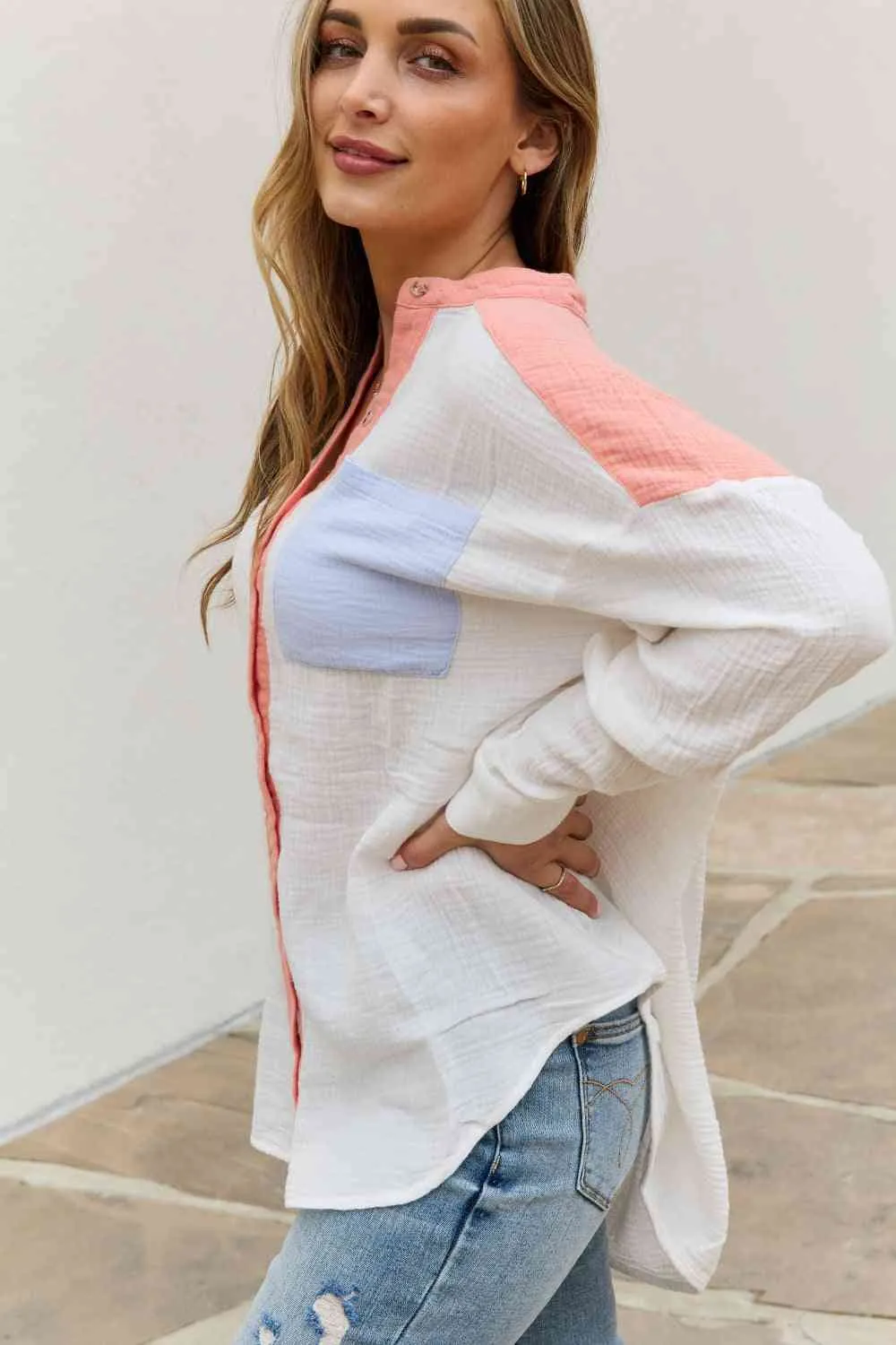 Full Size Color Block Woven Button Down Top