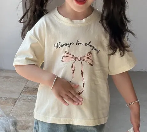 INS Korean Baby Tshirt 2024 Summer New Girl's Bow Ribbon T Shirt Children Fashion Short-sleeved Tops or White Skirt
