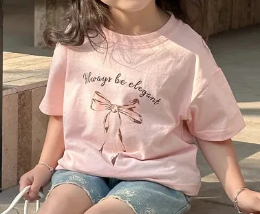 INS Korean Baby Tshirt 2024 Summer New Girl's Bow Ribbon T Shirt Children Fashion Short-sleeved Tops or White Skirt