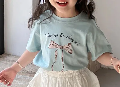 INS Korean Baby Tshirt 2024 Summer New Girl's Bow Ribbon T Shirt Children Fashion Short-sleeved Tops or White Skirt