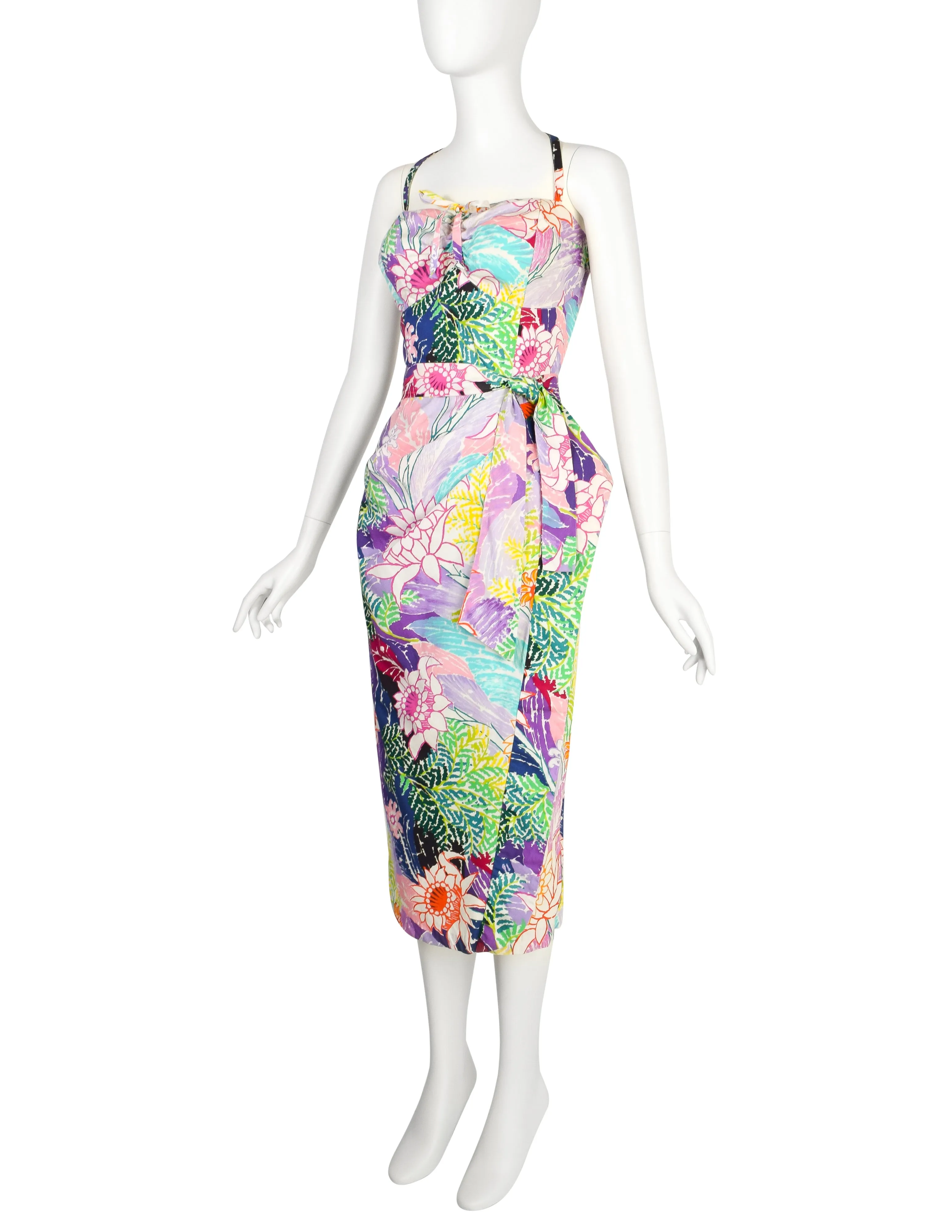 Kamehameha Mildred Park Vintage 1950s Incredible Vibrant Hawaiian Floral Cotton Wiggle Dress and Bolero Set