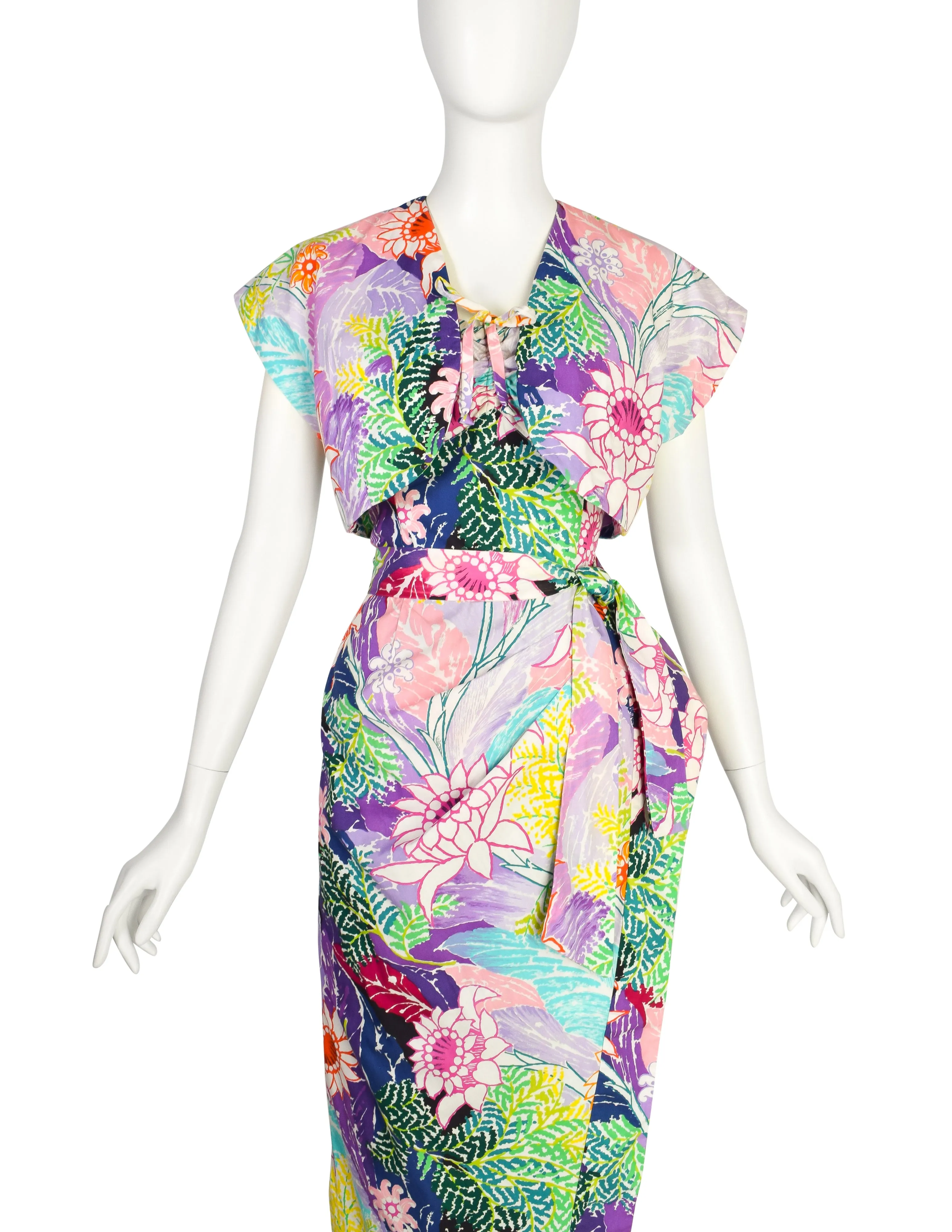 Kamehameha Mildred Park Vintage 1950s Incredible Vibrant Hawaiian Floral Cotton Wiggle Dress and Bolero Set