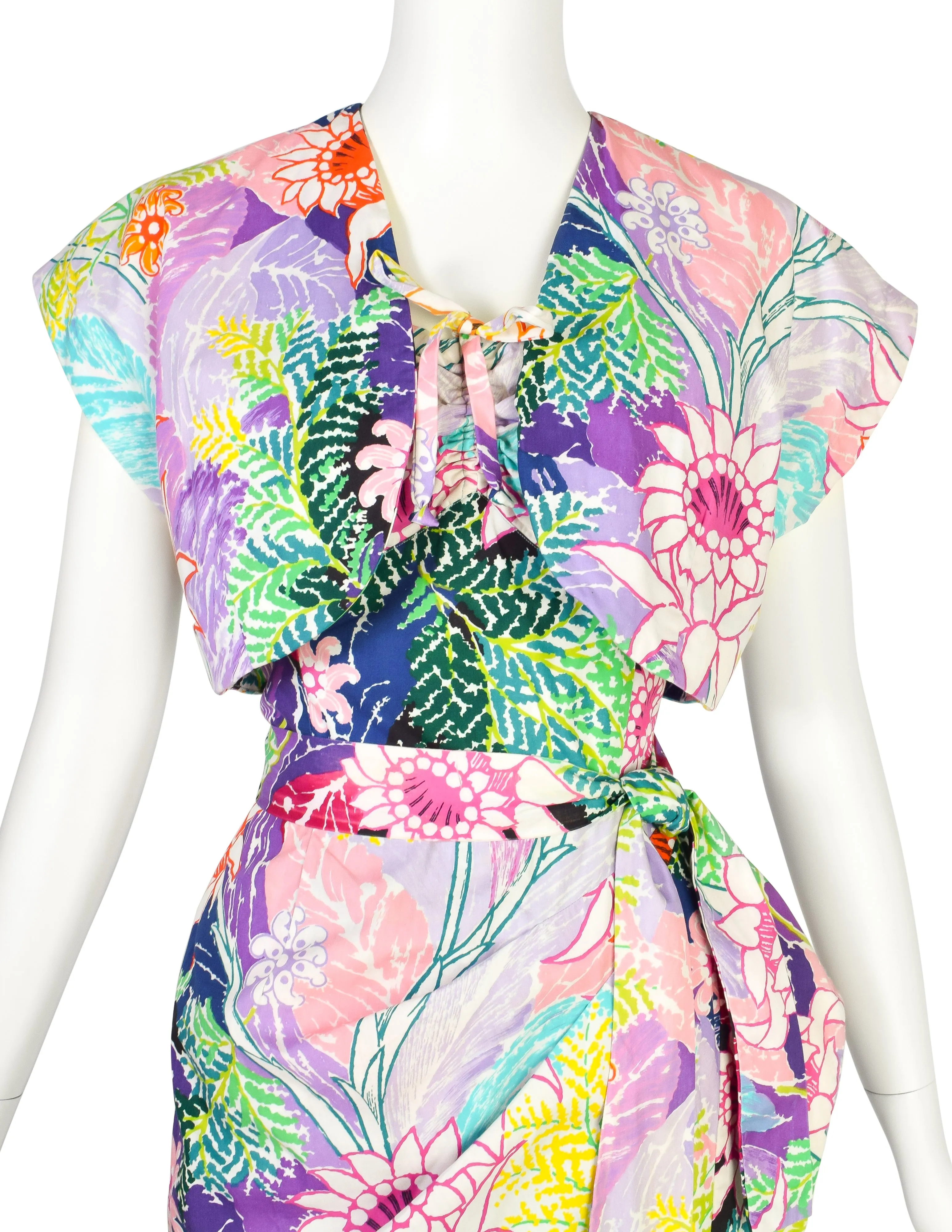 Kamehameha Mildred Park Vintage 1950s Incredible Vibrant Hawaiian Floral Cotton Wiggle Dress and Bolero Set