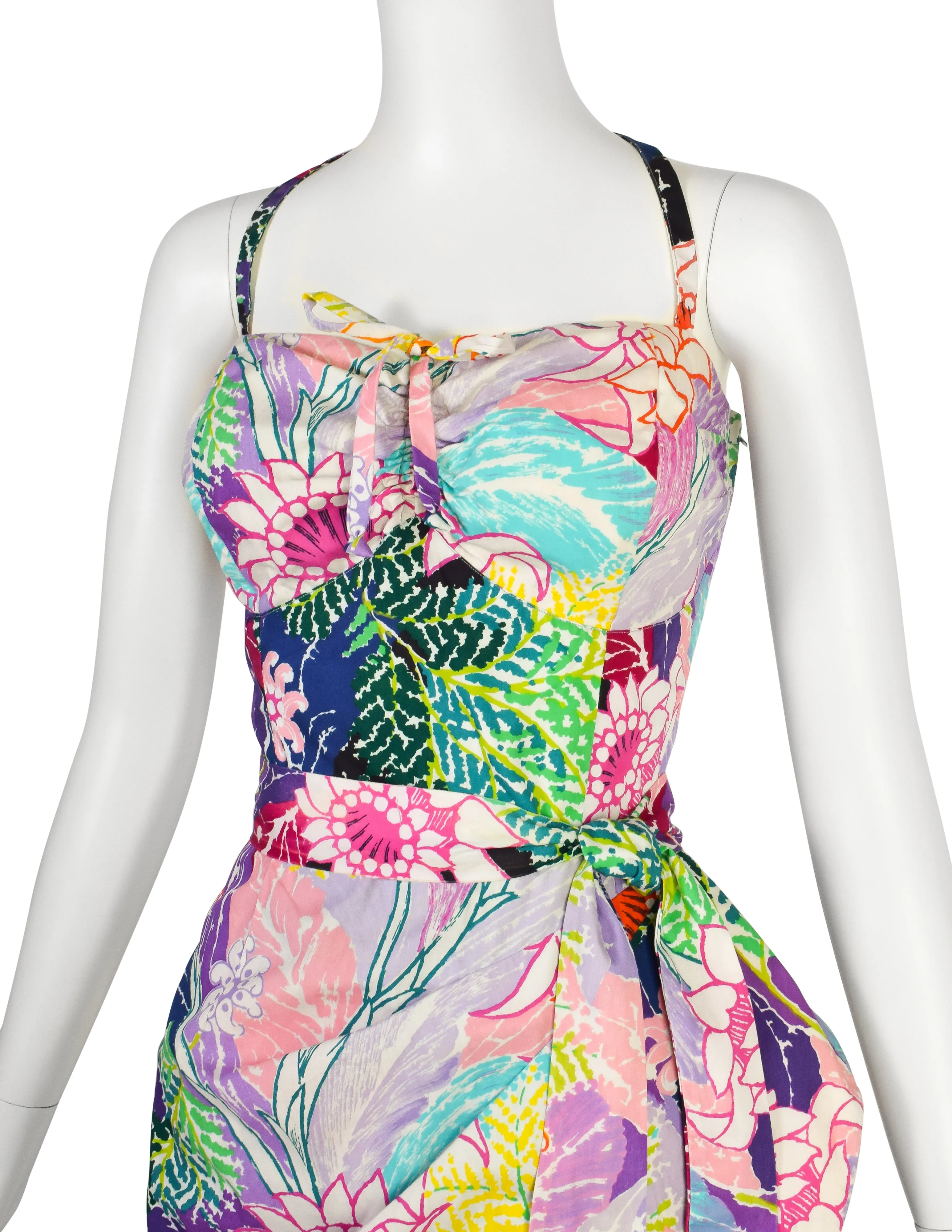Kamehameha Mildred Park Vintage 1950s Incredible Vibrant Hawaiian Floral Cotton Wiggle Dress and Bolero Set
