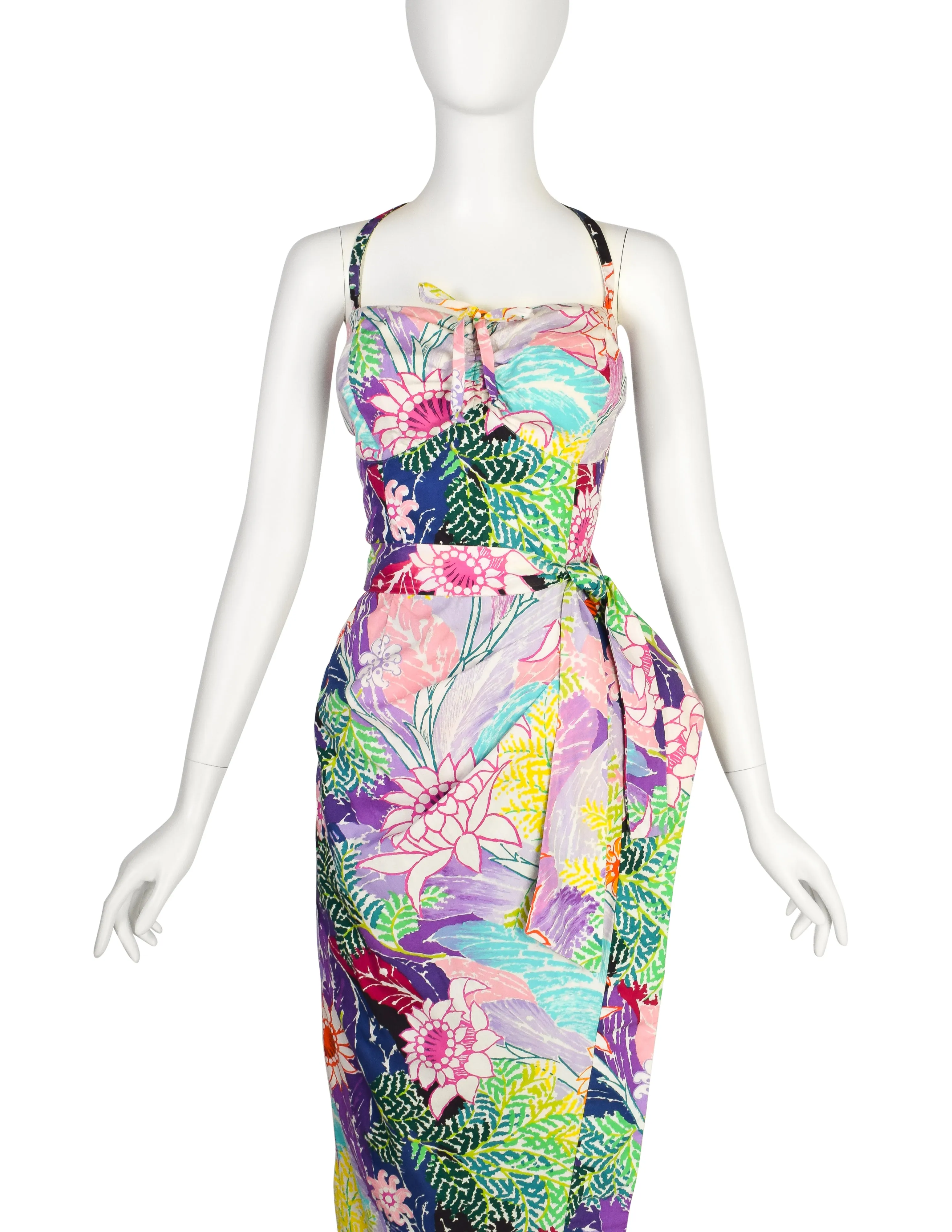 Kamehameha Mildred Park Vintage 1950s Incredible Vibrant Hawaiian Floral Cotton Wiggle Dress and Bolero Set